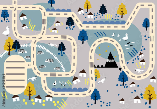Drawn park with a road. Modern style. Great color palette