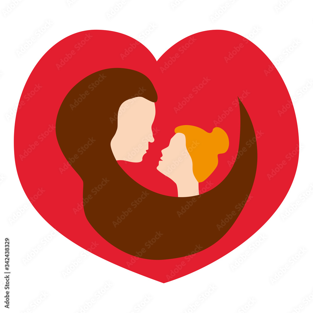 Illustration of mom and daughter. Vector, isolated icon for mother's day. Sivol parent and child are imprinted in the shape of a heart. Touching, cute drawing. Illustration of mom and daughter. Vector, isolated icon for mother's day. Sivol parent and child are imprinted in the shape of a heart. Touching, cute drawing.