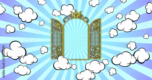 Gateway to Paradise. Shining in the sky. Cartoon style.