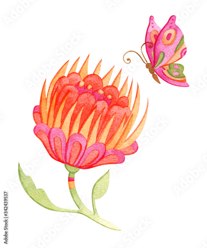 Watercolor floral iluustration. Flower and butterfly romantic card template.