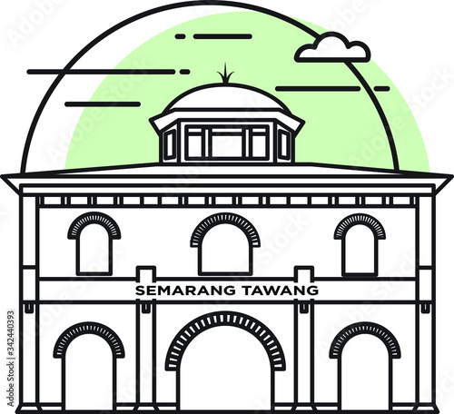 Flat vector illustration of a historic building in the city of central java, Simple outline icon design cartoon landmark for vacation travel tourist attractions. Semarang tawang station, Semarang.