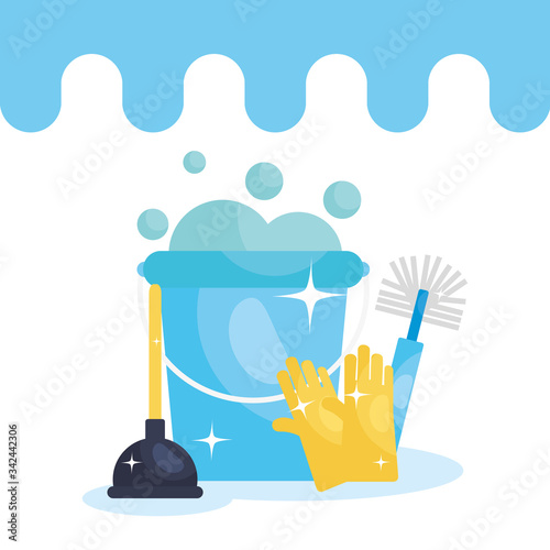 cleaning elements and bucket with soapy water, colorful design