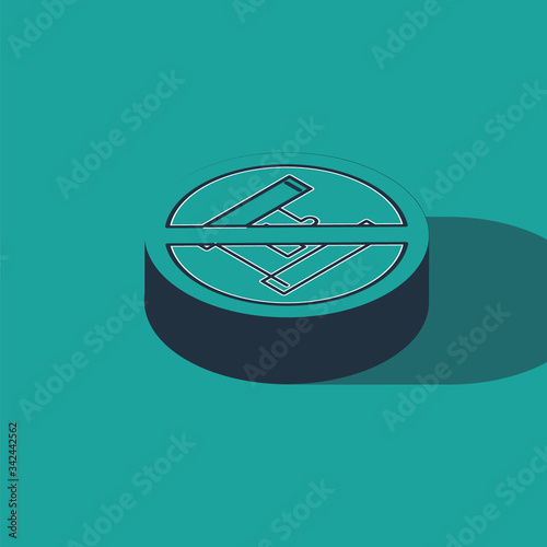 Isometric Say no to plastic bags poster icon isolated on green background. Disposable cellophane and polythene package prohibition sign.  Vector Illustration