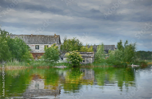 Oil painting of an old house on a lake overgrown with shrubs