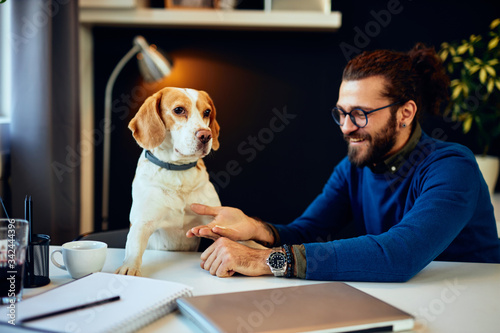 Cheerful smiling handsome Caucasian man sitting in his home office and playing with his dog. Work from home concept.
