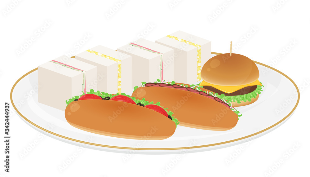 サンドイッチの盛り合わせイラスト ロールパン 食パン ミニハンバーガー Stock Vector Adobe Stock
