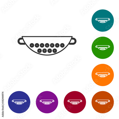 Black line Kitchen colander icon isolated on white background. Cooking utensil. Cutlery sign. Set icons in color circle buttons. Vector Illustration