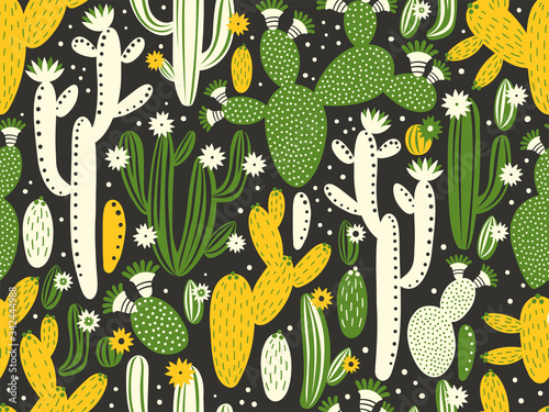 Vector seamless pattern with cactus on black background. Summer plants, flowers and leaves. Natural floral bright design. Botanical illustration.