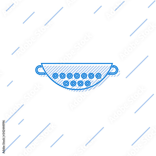 Blue line Kitchen colander icon isolated on white background. Cooking utensil. Cutlery sign.  Vector Illustration