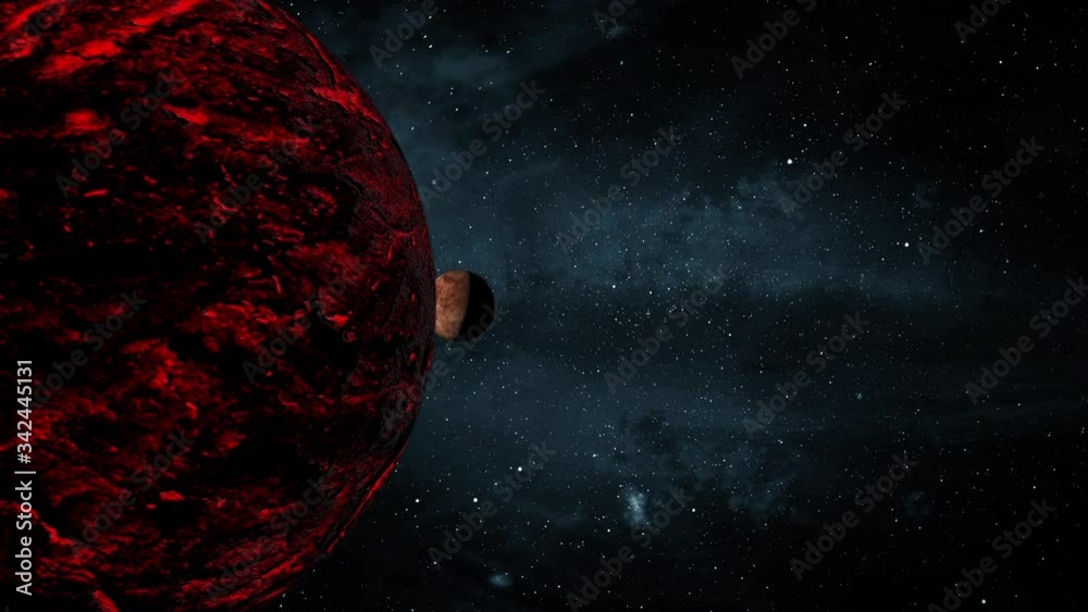A single moon orbiting a red magma planet in outer space.