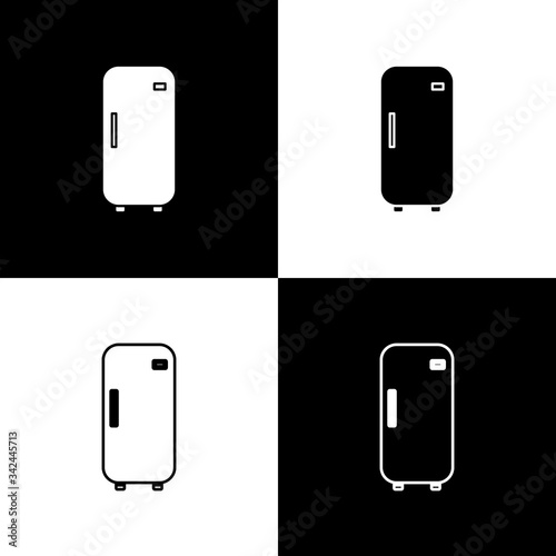 Set Refrigerator icon isolated on black and white background. Fridge freezer refrigerator. Household tech and appliances.  Vector Illustration
