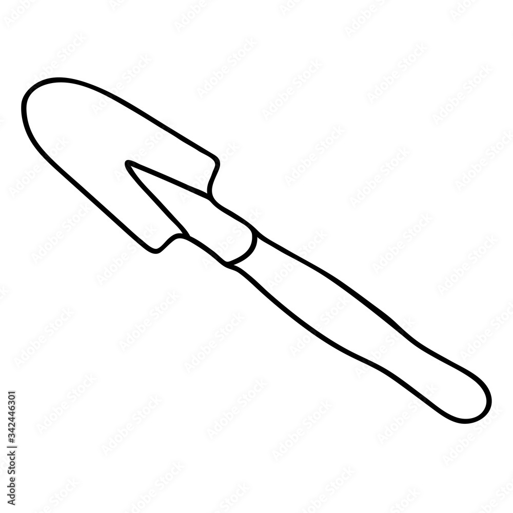Obraz premium Hand drawn outline black vector illustration of a beautiful metal scoop with a wooden handle for gardening isolated on a white background