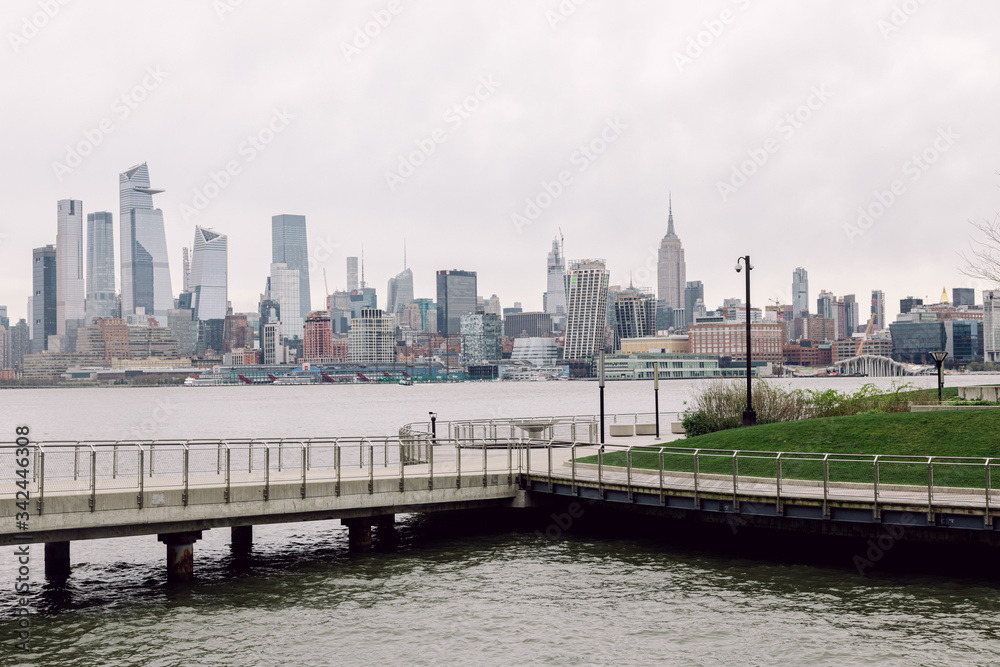 April 20 2020 - Hoboken NJ: waterfront pier closed due to the COVID-19 Coronavirus outbreak. The parks are close to increase social distancing and prevent people from getting close