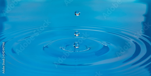 Gotas de agua color azul con morado suspendidas en el aire y formando ondas en la superficie liquida, que representan tranquilidad o serenidad