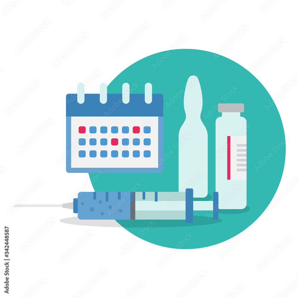 Time to vaccinate concept. Syringes, bottles of vaccine and a calendar Time to vaccinate concept. Syringes, bottles of vaccine and a calendar