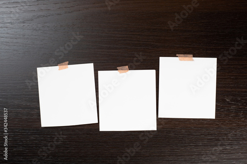 Blank polaroid photo frame with soft shadows and scotch tape isolated on white paper background as template for graphic designers presentations, portfolios etc.white leaves on wooden background