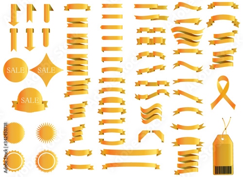 Set of gold ribbons for design, discount offer and gift. Retro style. Flat ribbon illustration isolated on white background.