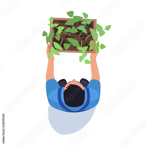 Gardener with potted plant semi flat RGB color vector illustration