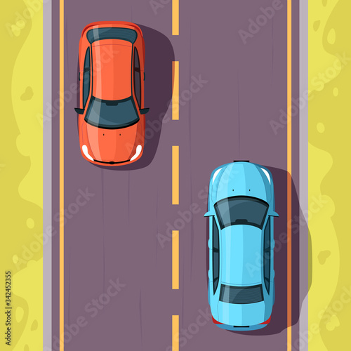 Cars on road semi flat vector illustration top view