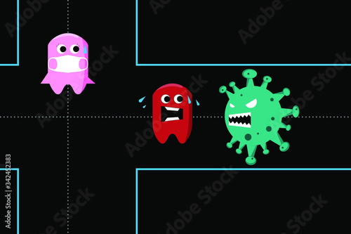 People run away from (COVID-19) Corona virus pathogen disease outbreak, risk or danger in Virus crisis concept. Arcade retro game icon design.