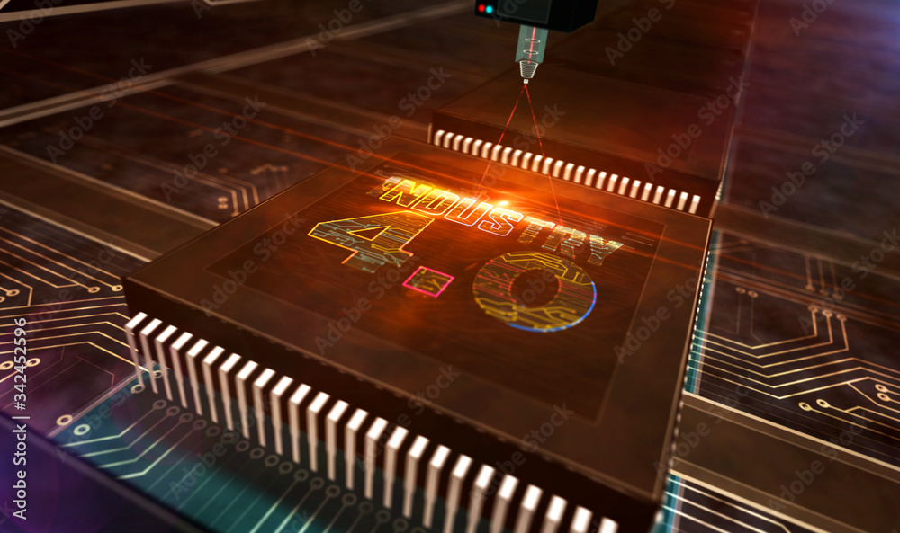 Processor factory with laser burning of Industry 4.0 symbols illustration Processor factory with laser burning of Industry 4.0 symbols illustration