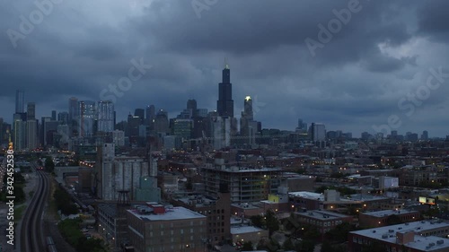 drone aerial skyline view of chicago at dusk