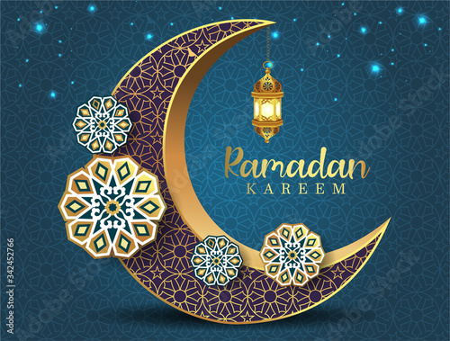 Crescent Islamic with Lantern for Ramadan Kareem. Golden Pattern Half Moon, Lamp - Illustration raster