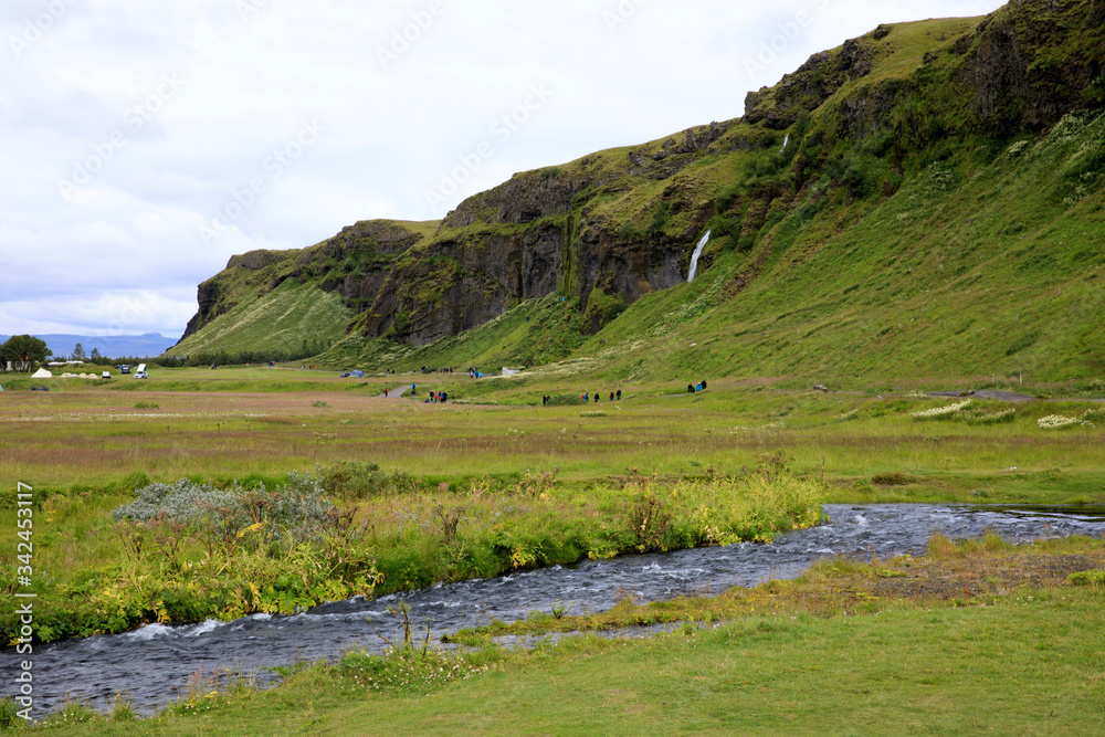 Seljalandsfoss / Iceland - August 15, 2017: The landscape near Seljalandsfoss waterfall, Iceland, Europe