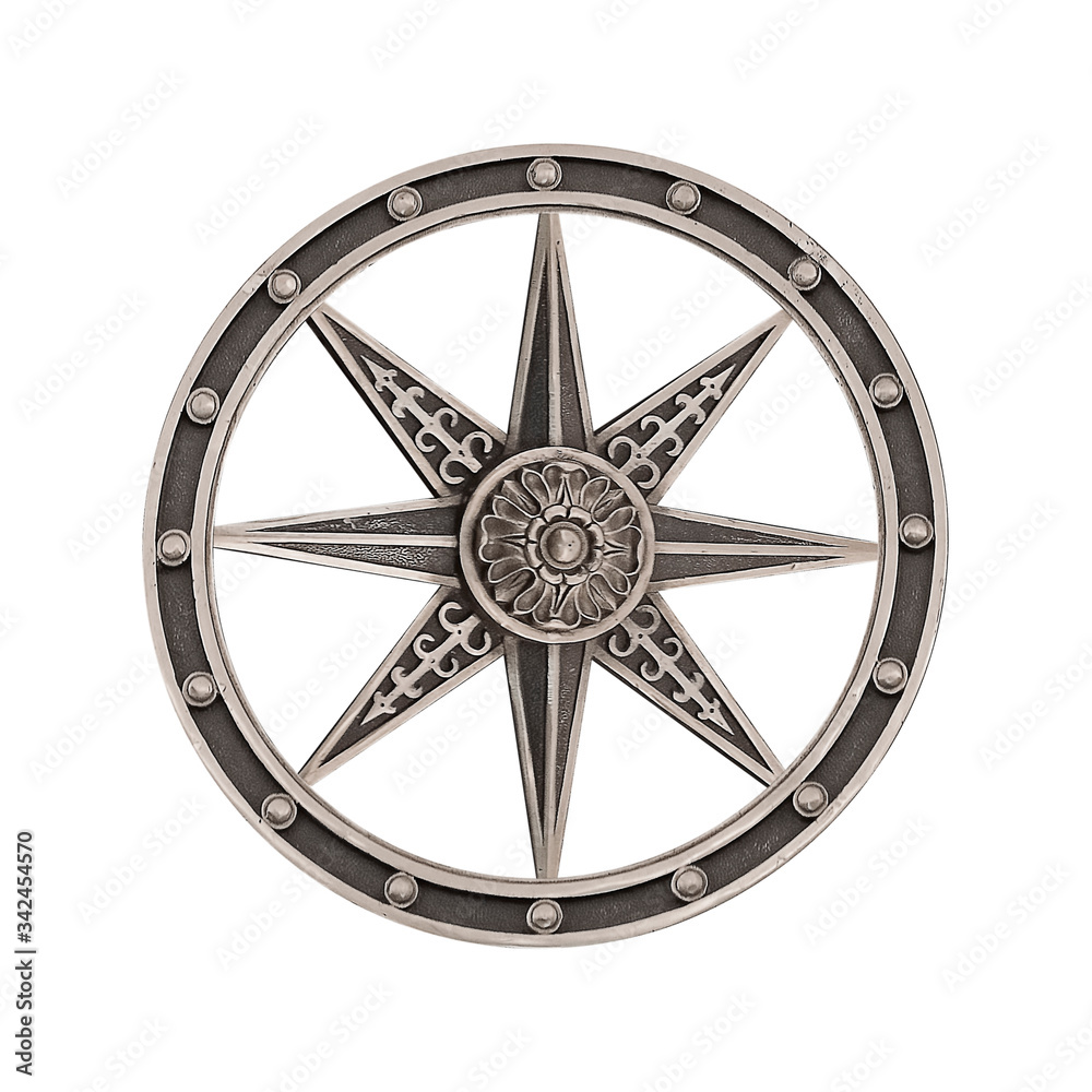 Obraz premium Silver decorative element (wind rose) isolated on white background