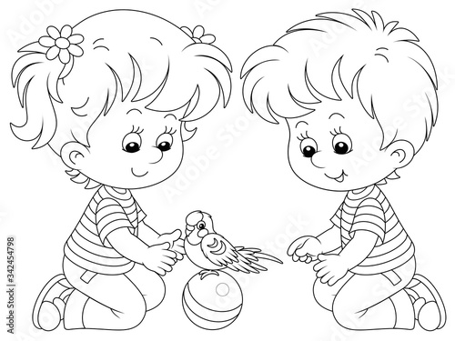 Cheerful little children playing with a funny small parrot with a long tail, black and white outline vector cartoon illustration for a coloring book page