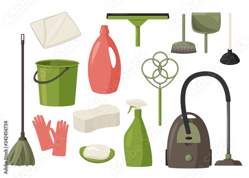 Colorful collection of cleaning products. Home cleaning tools. Vector set of illustrations in flat design style.
