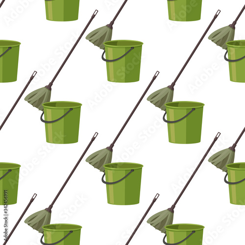 Bucket and mop vector background. Home cleaning seamless pattern.