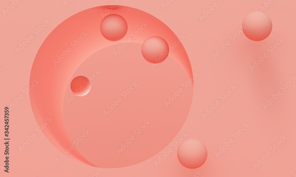Geometric abstract coral background with a round window and balls. Minimalist backdrop design for product promotion. 3d rendering Geometric abstract coral background with a round window and balls. Minimalist backdrop design for product promotion. 3d rendering