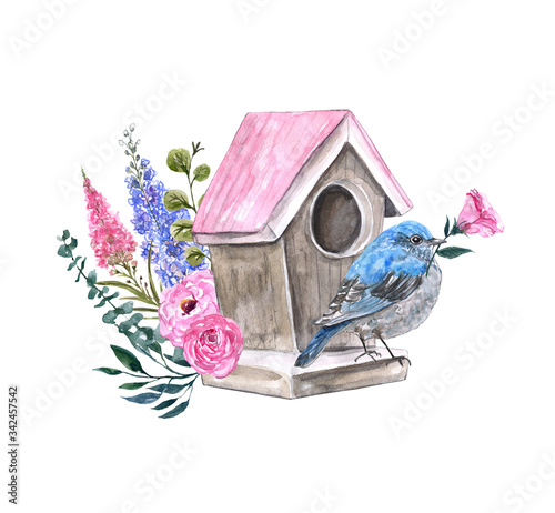 Watercolor spring bird sitting on a birdhouse illustration. Holiday card with...