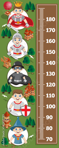 Meter wall with medieval heroes. View from above. Vector illustration. 