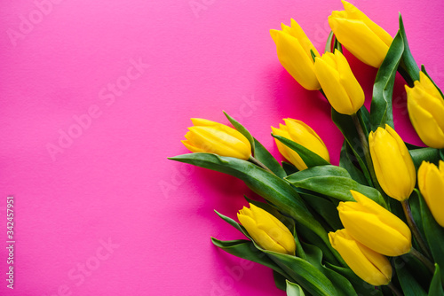 Yellow tulips on pink pastel background. Space for message. Flowers spring concept. Holiday greeting card for Valentine s  Women s  Mother s Day  Easter. Birthday. Place for text. Top view  flat lay.