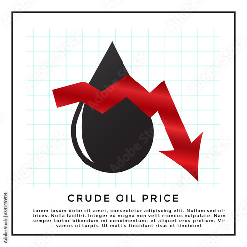 Oil industry crisis concept. Enlarged oil drop with crude oil 6 month price chart and an arrow pointing downwards on background. Vector Illustration. Square format