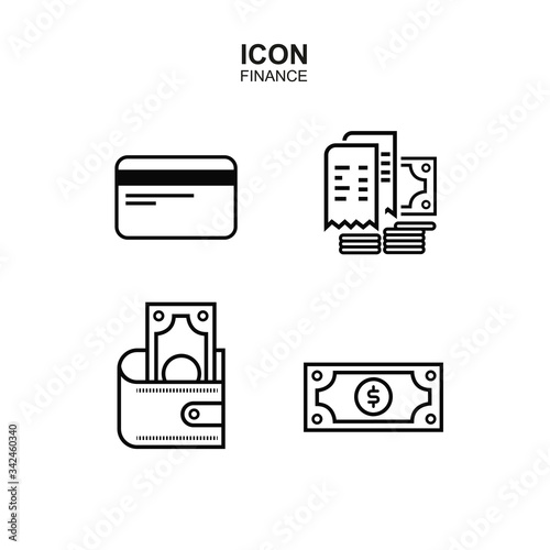 Finance icons set. Credit card logo, check, wallet, dolar banknote available on a white background. Vector illustration