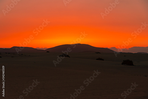 Sunset over the sand dunes  Canary Island of Fuerteventura