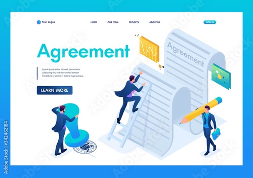 Isometric study of the text of the agreement by employees and signing of the contract. Landing page concepts and web design © elizaliv