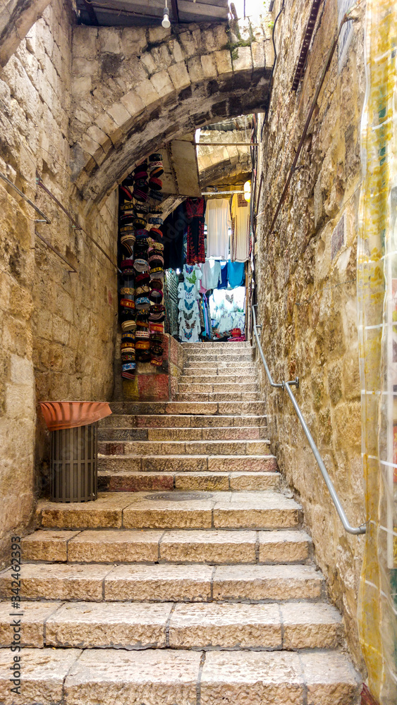 Stairway leading up to old souk, Jerusalem, Israel