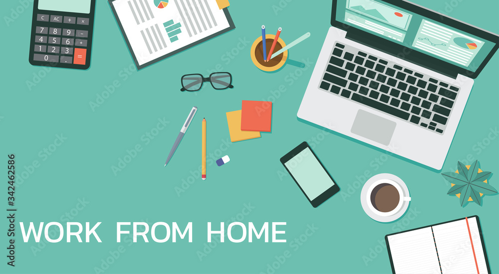 work from home concept on top view, freelance workplace with laptop computer, smartphone, pen, pencil, calculator, documents, and coffee, remote working, new normal, vector flat illustration