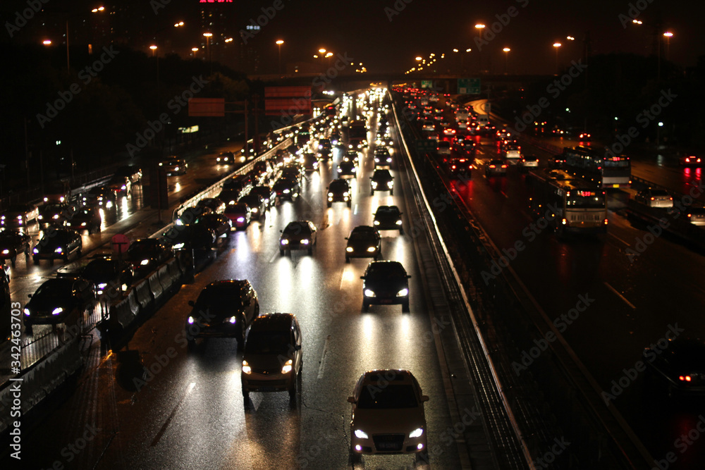 Traffic in the night after the rain in Beijing