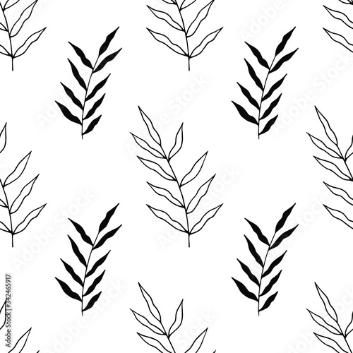 Seamless pattern with hand drawn forest leaves. Traditional leaves in ink, doodle style for wedding decoration and arrangements.