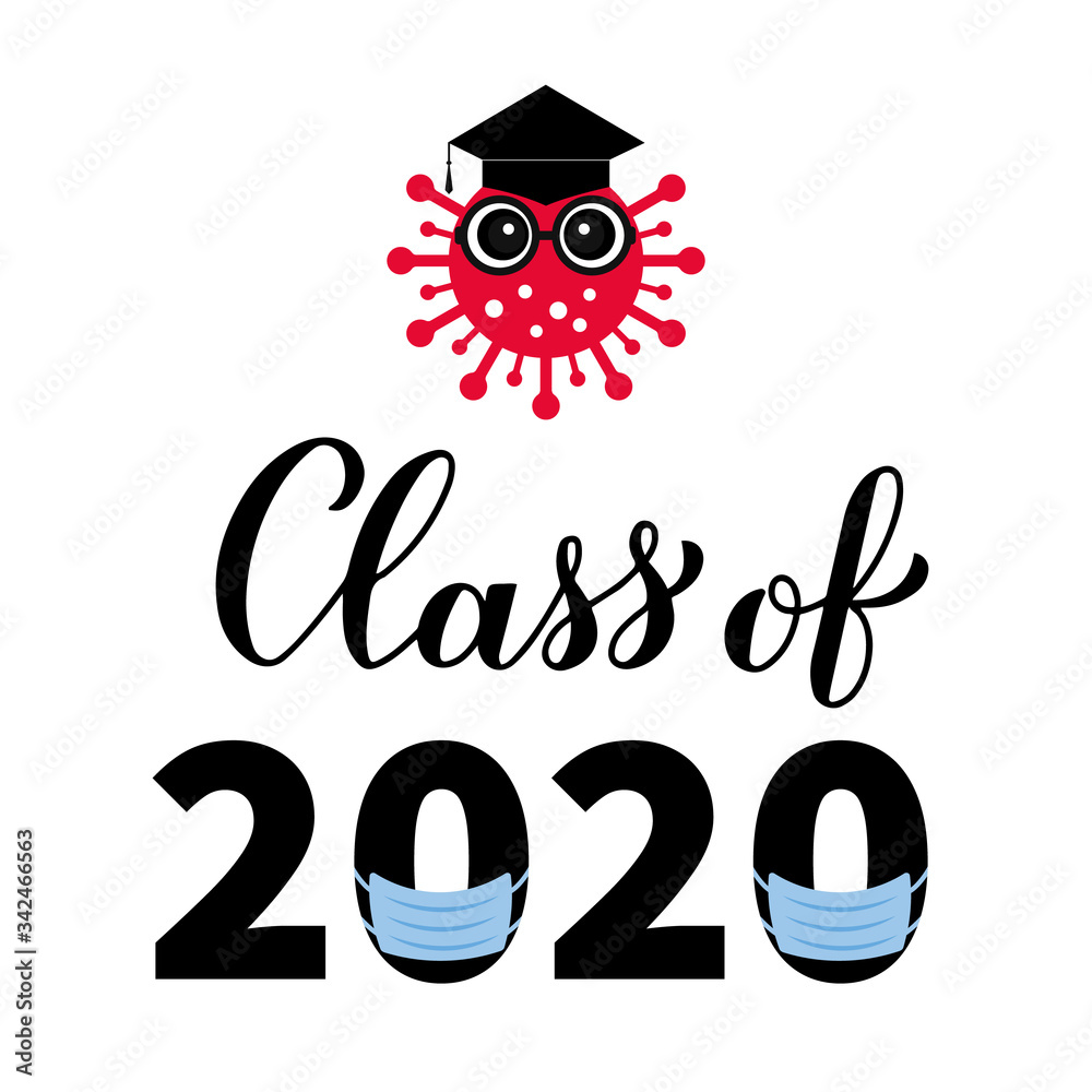 Class of 2020 funny typography poster with cute cartoon coronavirus, graduation hat and