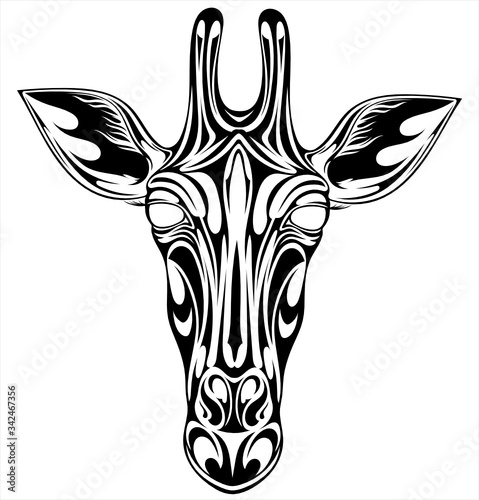   Black and white stylized image of a muzzle of a giraffe for tattoo and other.