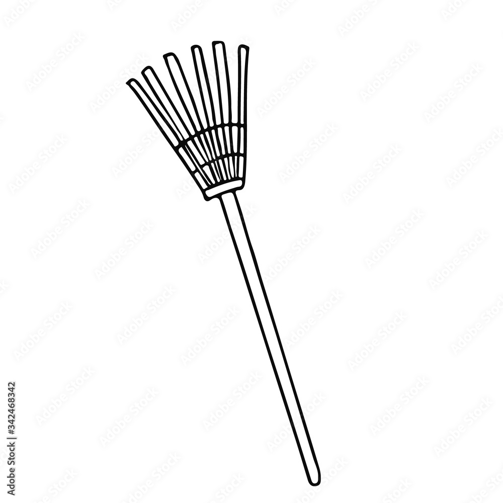 Lawn rake  in doodle style. Hand drawn vector illustration in black ink isolated on white background.