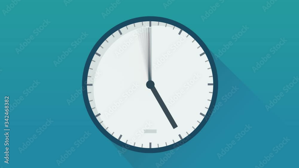 Arrivée au premier plan d'une horloge flat design (fond bleu, blanc,transparence et couche alpha)	