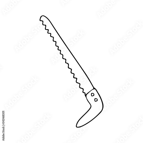 Garden saw in doodle style. Hand drawn vector illustration in black ink isolated on white background.