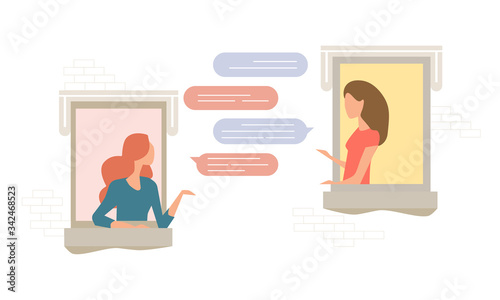 neighbors people character chat on the window, social network concept, flat illustration vector